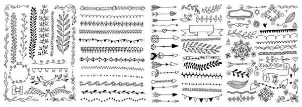 一套手绘涂鸦页分隔，边框，角在涂鸦花卉风格 — 图库矢量图片