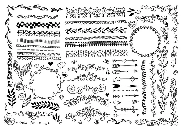 Set di disegno a mano divisore di pagine doodle, bordo, angolo in stile floreale doodle — Vettoriale Stock
