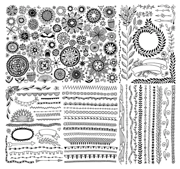 Grande conjunto de elementos do projeto da flor do esboço do doodle — Vetor de Stock