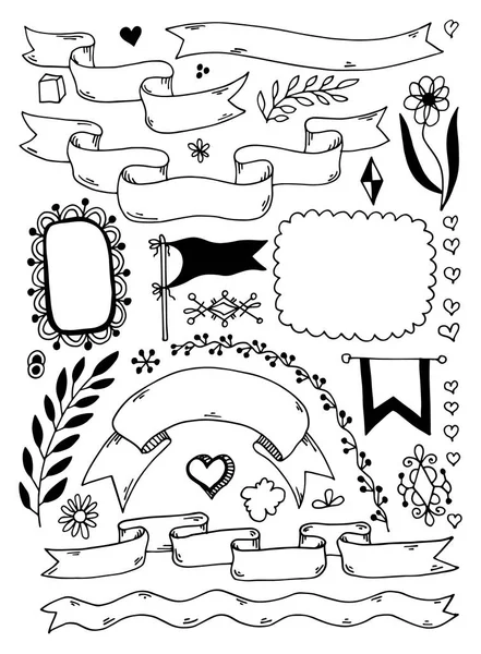 Disegnare a mano schizzo doodle banner, intestazioni, bordi ed elemento di design cornice — Vettoriale Stock