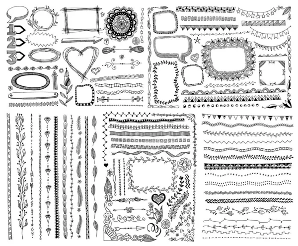 Ensemble de cadre croquis doodle, ligne, coin et diviseur — Image vectorielle