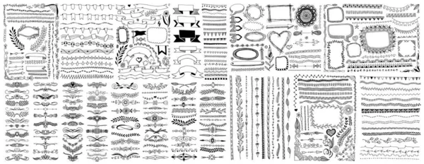 Mega set of doodle sketch frame, line, corner and divider — Stock Vector