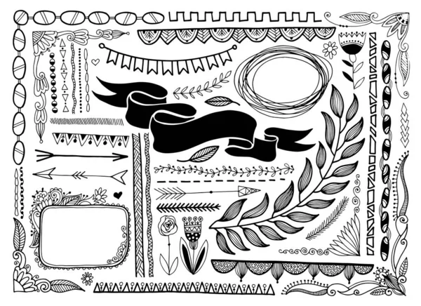 Jeu de croquis cadre doodle, bannière ligne diviseur de page — Image vectorielle