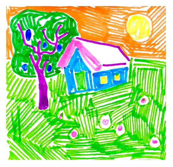 Niños dibujando marcadores una casa en un prado verde, un árbol en un día soleado — Vector de stock