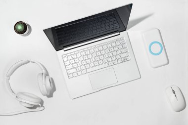Dizüstü 13,3 inç, beyaz powerbank, beyaz kulaklık, kablosuz fare ve kaktüs beyaz zemin üzerinde. Düz kopya alanı ile yatıyordu