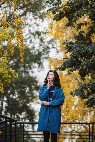 Полный портрет Красивой девушки в синем пальто, стоящей рядом с красочными осенними листьями. Произведение искусства романтичной женщины. Красивая модель нежности глядя на листья . — стоковое фото