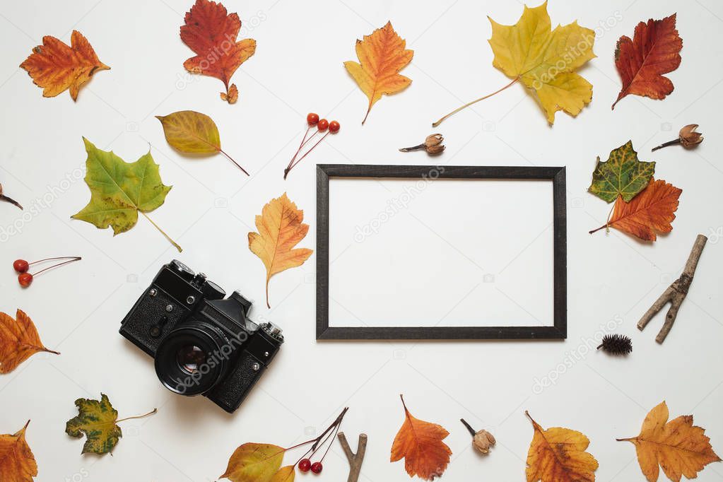 Retro camera and wooden photo frame with autumn fall leaves. Flay lay, top view. Copy space.