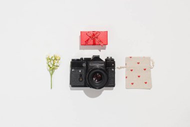 Trendy daire yatıyordu kompozisyon retro kamera, kırmızı hediye kutusu, Hediyelik Çanta kırmızı kalp şekillerle tuval ve beyaz arka plan üzerinde alan çiçek bahar