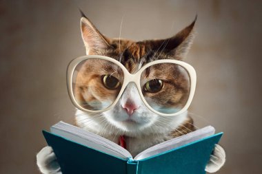 Turkuaz bir kitap bardaklarda kedi ve kesinlikle kameraya benziyor. Eğitim kavramı