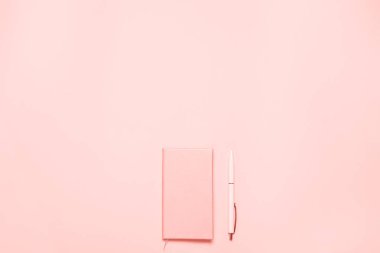 Mercan renkli günlüğü ve kalem ile modaya uygun mercan renkli resepsiyon. Minimalist düz blogcular, tasarımcılar, dergi vb kopya alanı ile kompozisyon yatıyordu