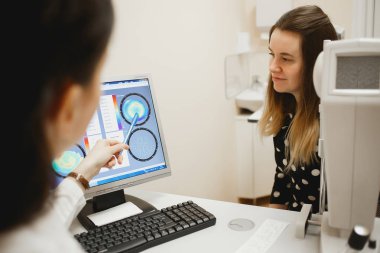 Arkhangelsk, Rusya-25 Mart 2019: çekici kadın doktor Oftalmolog modern klinikte genç kadının göz vizyonu kontrol ediyor. Doktor ve hasta Oftalmoloji Kliniği