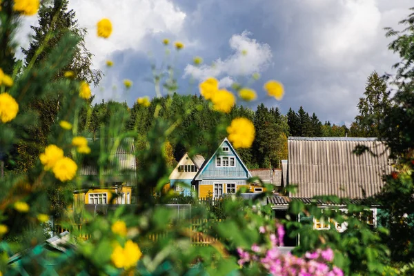 Sıcak ve güneşli bir günde ağaçların ve çiçeklerin yeşilliğinde tipik bir Rus yaz köyü. — Stok fotoğraf