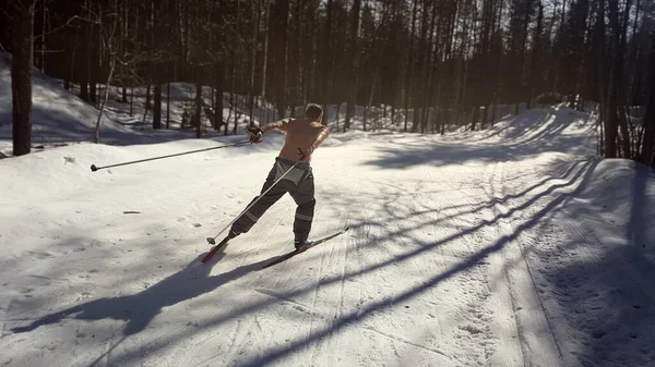 Amatör kayakçı çıplak gövdesiyle güneşli bir günde orman kayak pistinde kayak yapıyor. — Stok fotoğraf