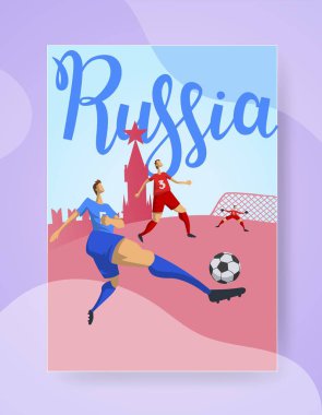 Rusya ve futbol. Moskova Kremlin zemin üzerine futbolcuların. Renkli poster yazı ile. Düz vektör çizim. Dikey.