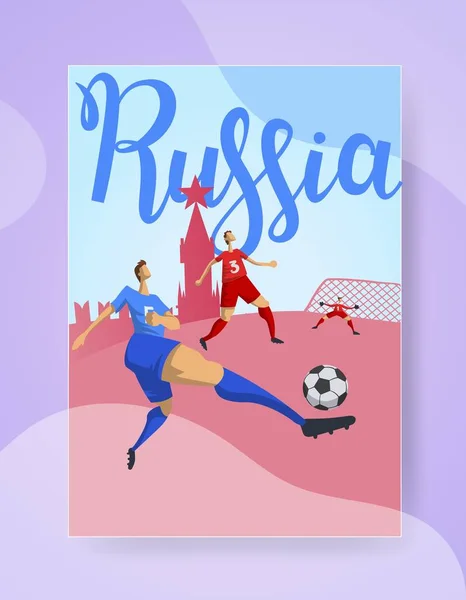 Rusia y el fútbol. Jugadores de fútbol sobre fondo del Kremlin de Moscú. Cartel colorido con letras. Ilustración vectorial plana. Vertical . — Archivo Imágenes Vectoriales