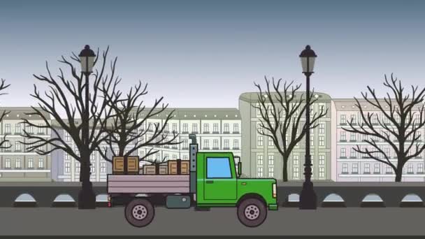 Camión verde animado con cajas en el maletero que recorre la ciudad de otoño. Traslado de coches pesados en el paisaje urbano de fondo. Animación plana . — Vídeos de Stock