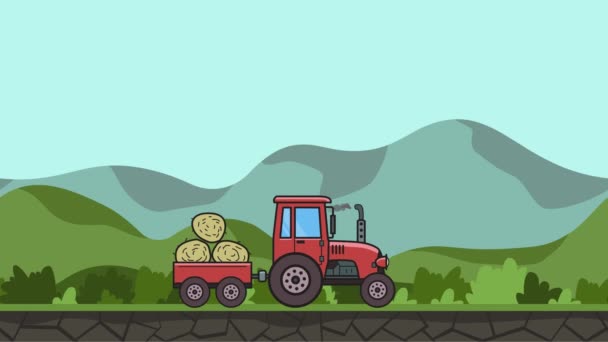 Animierter Traktor mit einem Wagen voll Heu, der durch das grüne Tal fährt. fahrendes landwirtschaftliches Fahrzeug auf hügeligem Gelände. Flache Animation. — Stockvideo