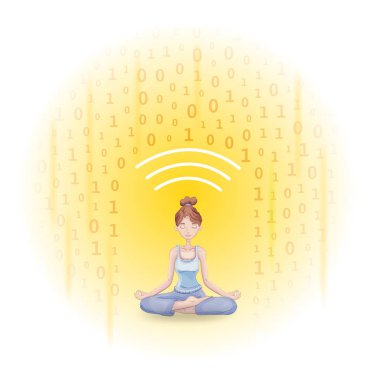 Meditasyon ve dijital detoks. Korunan bilgilerin duş kadın meditasyon. Düz vektör çizim.