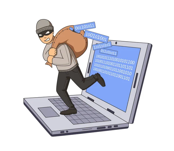 Gemaskerde inbreker springen uit laptop met tas van code op zijn schouder. Platte vectorillustratie. Geïsoleerd op witte achtergrond. — Stockvector