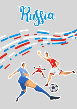 Futbol ve Rusya. Harflerle gri arka plan üzerinde renkli çizgiler poster. Düz vektör çizim. Dikey.