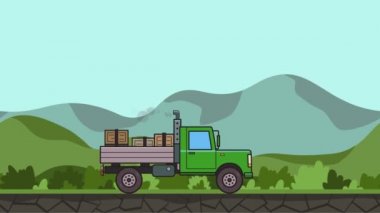Yeşil vadi boyunca sürme bagajda kutular ile animasyonlu yeşil kamyon. Ağır araç kırsal manzara arka plan üzerinde hareket. Düz animasyon.