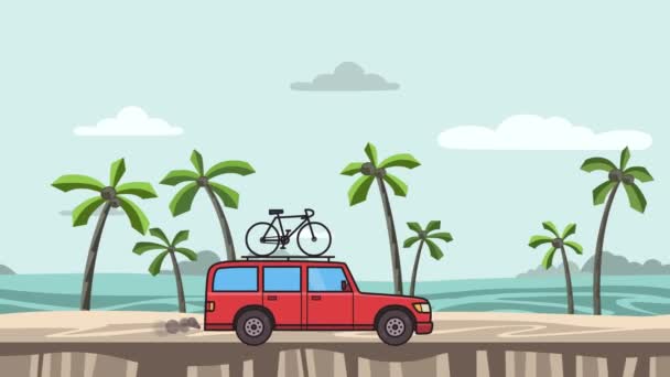 Geanimeerde rode Suv auto met fiets op het dak trunk paardrijden op het strand. Bewegende minibusje, op zeegezicht zijaanzicht. Platte animatie. Geïsoleerd op witte achtergrond. — Stockvideo