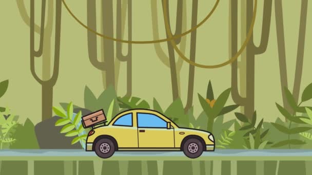 Animiertes Coupé mit Gepäck auf der Motorhaube, das durch den Regenwald fährt. bewegliches Fließheck auf Dschungel und Fluss Hintergrund. Flache Animation. — Stockvideo