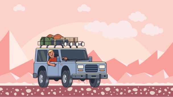 Coche animado con equipaje en el techo y chico sonriente detrás del volante cabalgando por el desierto. Vehículo en movimiento sobre fondo de paisaje montañoso. Animación plana . — Vídeo de stock