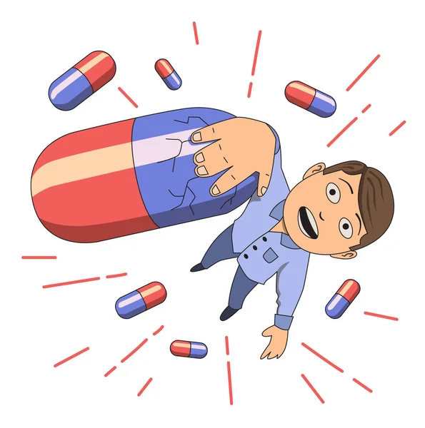 Dipendenza da droga. Un tipo spaventato appeso a una pillola. Illustrazione vettoriale. Isolato su sfondo bianco . — Vettoriale Stock