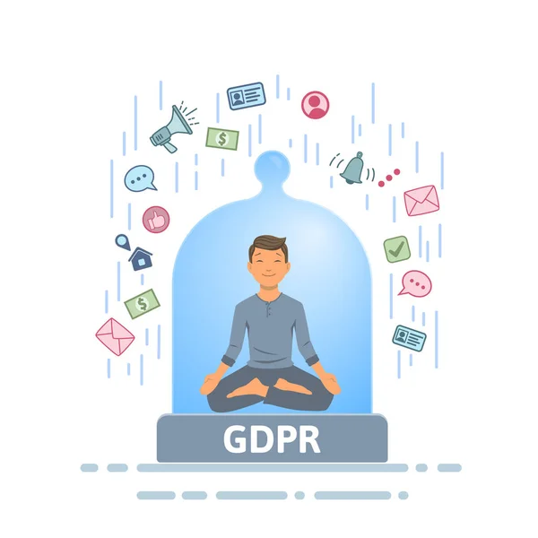 Безпека GDPR. Роздумуючи, людина відчуває себе в безпеці від інформаційного потоку всередині скляного купола. Плоска векторна ілюстрація. Ізольовані на білому тлі . — стоковий вектор