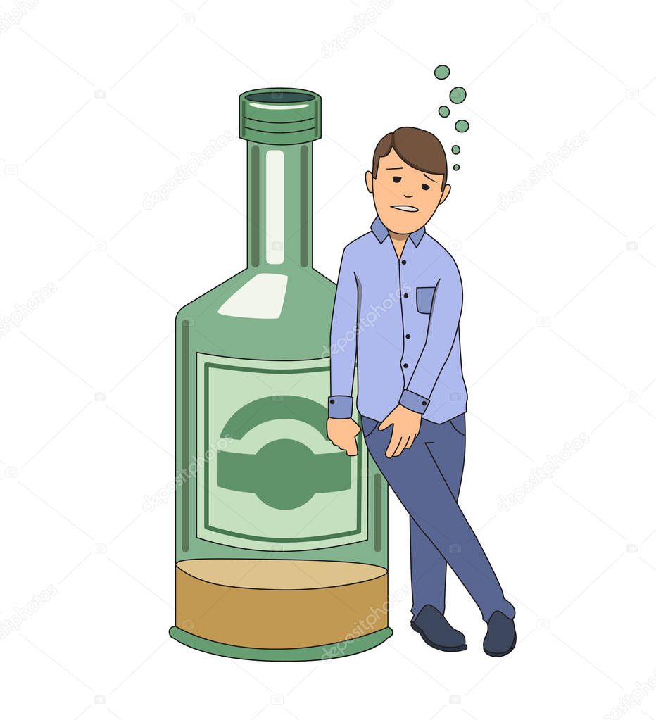 Alcohol addiction. Wasted man holding on to big bottle of booze. Vector illustration. Isolated on white background.