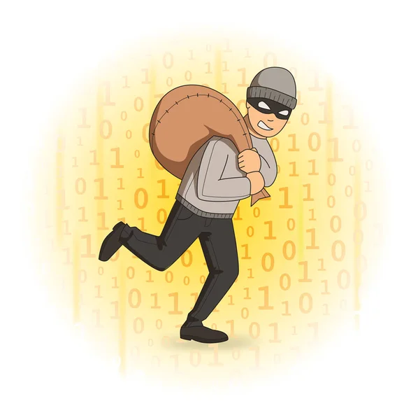 Masked thief with bag on digital stream background. Robber running away. Comic vector illustration. — Stock Vector