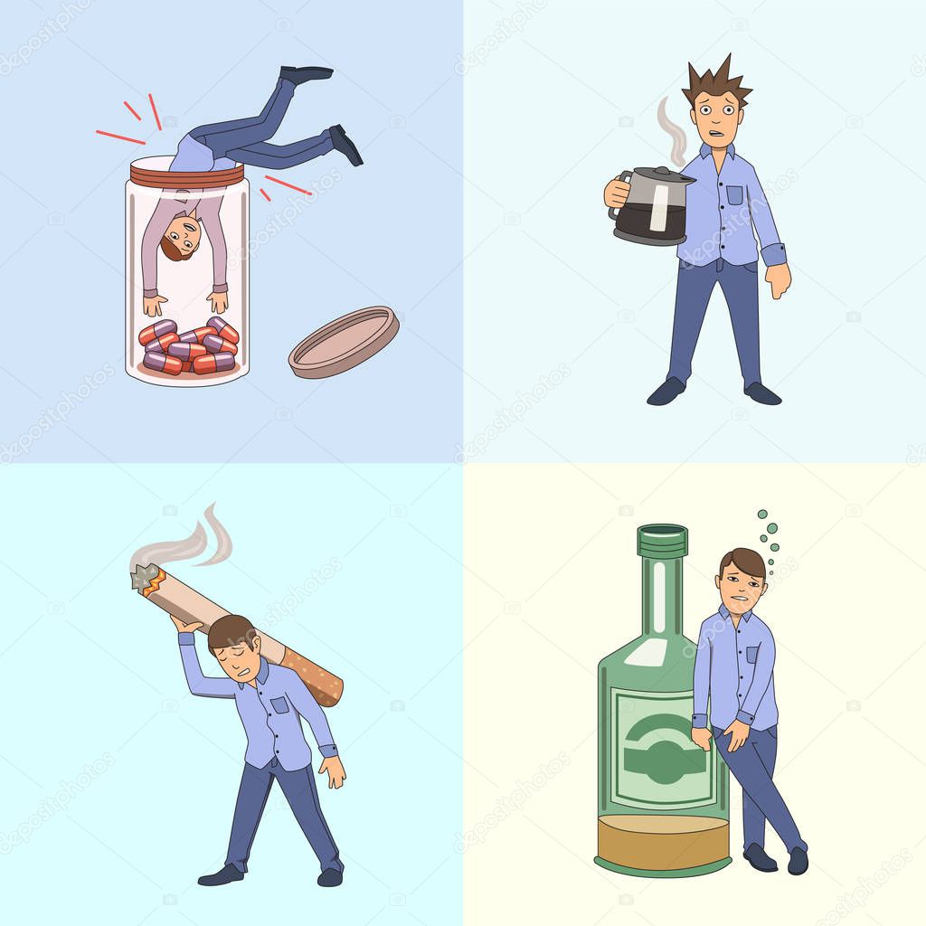 Addictions and bad habbits. Set of example characters. Vector illustration. Isolated.