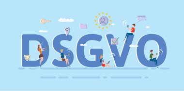 Mobil gadget'lar ve büyük Dsgvo harfler arasında internet cihazları kullanan kişiler. Gdpr, Rgpd, Dpo. Kavram vektör çizim. Düz stil. Yatay.