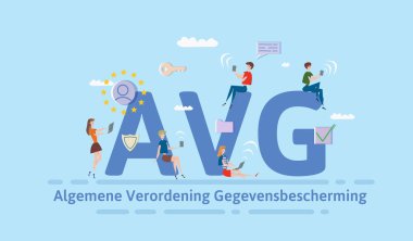 Hollanda genel veri koruma yönetmeliği. Mobil gadget'lar ve büyük Avg harfler arasında internet cihazları kullanan kişiler. Gdpr, Avg, Dsgvo. Kavram vektör çizim. Düz stil. Yatay