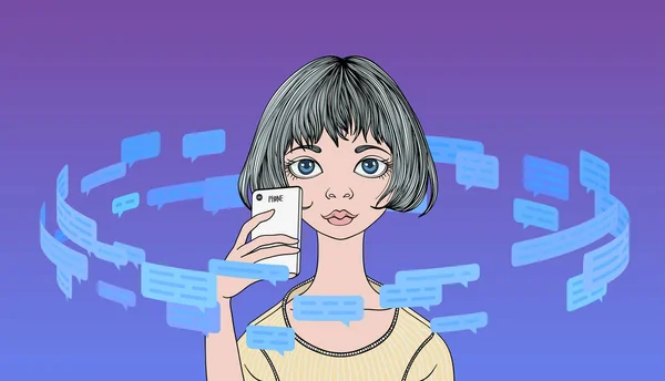 Mujer joven sosteniendo el teléfono en el círculo de mensajes de texto y burbujas de habla. Flujo de información. Línea vector ilustración . — Vector de stock