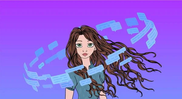 Linda adolescente en el círculo de mensajes de texto y burbujas del habla. Concepto de redes sociales. Línea vector ilustración . — Vector de stock