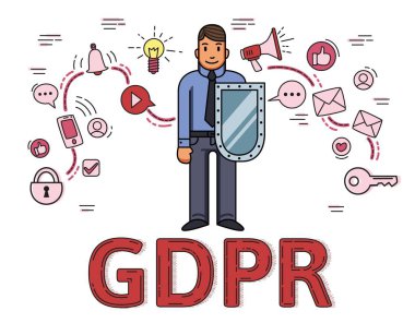 İnternet ve sosyal medya simgeler arasında bir kalkan ile iş adamı. Genel veri koruma yönetmeliği. Gdpr, Rgpd, Dsgvo, Dpo. Beyaz arka plan üzerinde düz vektör çizim.