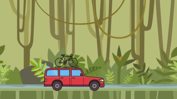 Animierter roter Geländewagen mit Fahrrad auf dem Dach, der durch den Regenwald fährt. fahrender Minivan auf Dschungel und Flusshintergrund. Flache Animation. — Stockvideo