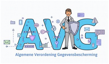 Hollanda genel veri koruma yönetmeliği. İnternet ve sosyal medya simgeler arasında büyük bir Avg mektup önünde bir kalkan adamla. Gdpr, Dsgvo, Avg, Dpo. Düz vektör çizim. Yatay