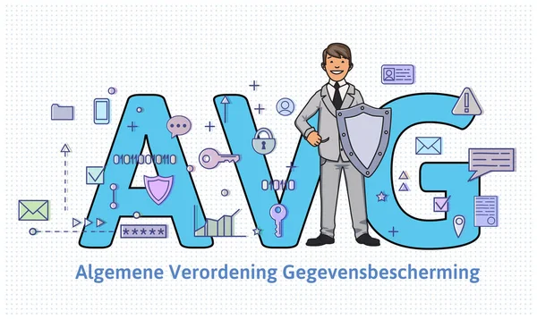 Allgemeine Datenschutzbestimmungen in den Niederlanden. Mann mit Schild vor großen Avg-Lettern zwischen Internet- und Social-Media-Symbolen. gdpr, dsgvo, avg, dpo. flache Vektordarstellung. horizontal — Stockvektor