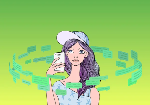 Hermosa adolescente con un teléfono inteligente en el círculo de mensajes de texto y burbujas de habla. Concepto de redes sociales. Línea vector ilustración . — Archivo Imágenes Vectoriales