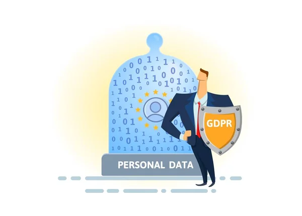 GDPR and online security. Shielded man protecting glass dome with digital and personal data. Flat vector illustration. Isolated on white background. — Stock Vector