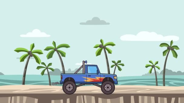 Animated big wheel monster truck on the beach. Moving bigfoot truck on seascape. Flat animation. — Stock Video