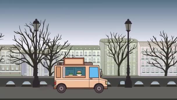 Caminhão de comida animada andando pela cidade de outono. Veículo em movimento no fundo da paisagem. Animação plana . — Vídeo de Stock