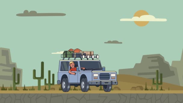 Animerade bil med bagage på taket och leende kille bakom ratten ridning genom canyon öknen. Fordon i rörelse på berg landskap bakgrund. Flat animation. — Stockvideo