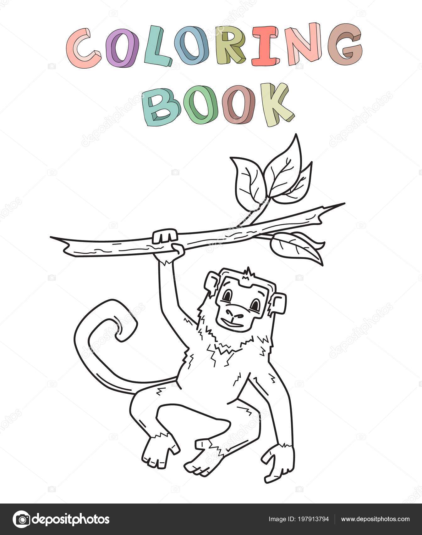 Monkey Hanging On A Branch Jungle Animal Character Contour
