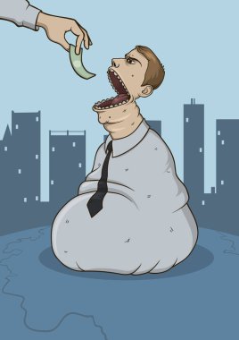 Sackman para yiyor. Bozuk resmi karikatür. Büyük torba şeklinde şekil kentsel arka plan üzerinde. Çizgi vektör çizim. Dikey.