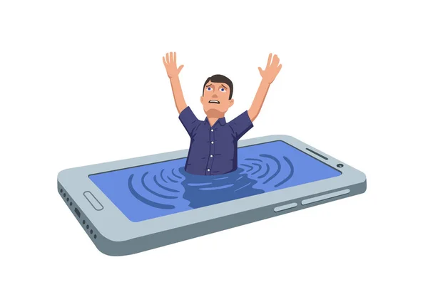 Hombre ahogándose en un smartphone y pidiendo ayuda a gritos. Adicción telefónica, dependencia de la información. Ilustración vectorial plana. Aislado . — Vector de stock