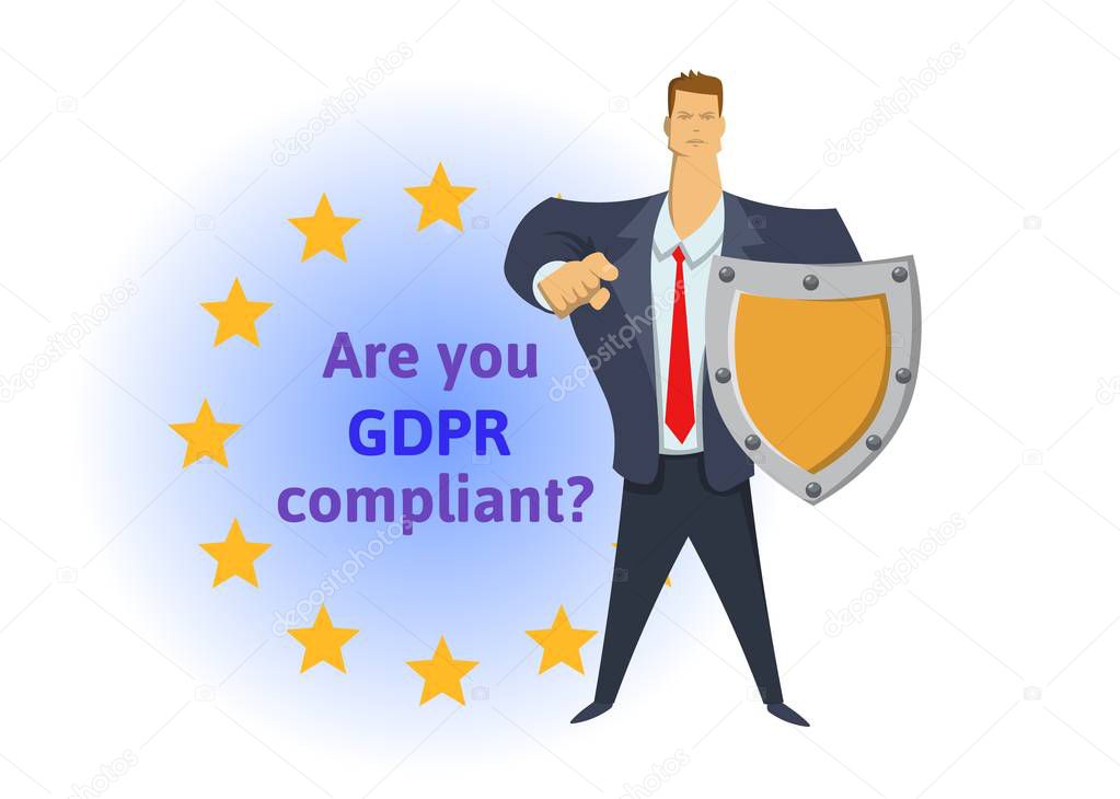 GDPR compliance. General Data Protection Regulation. Businessman with a shield pointing out a question in front of EU stars. Are you compliant. Flat vector illustration. Isolated.